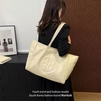 Mankok Retro Large Capacity Bag Female 2024 New Arrival Casual Soft Leather Shoulder Bag Easy Matching Tote Bag Travel Bag Beige