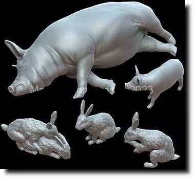 Mantis Miniature Animal Series Animal Set 45 Pig and Rabbit Resin Kit Man35162 1/35