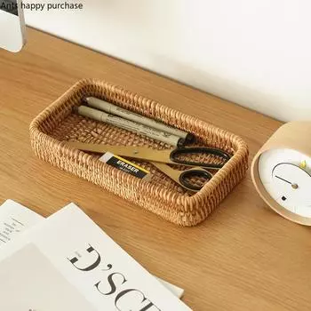Manual Rattan Fruit Basket Rectangle Sundries Tray Home Use Snacks Bread Food Storage Basket Rattan Handmade Desktop Storage Box