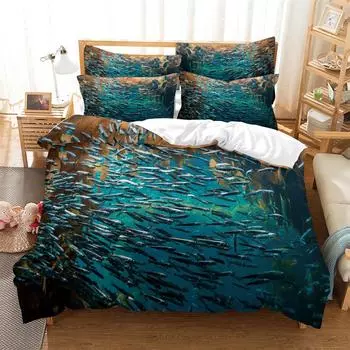 Many fish Bedding 3-piece Digital Printing Cartoon Plain Weave Craft For North America And Europe Bedding Set Queen EU single(135x200cm)
