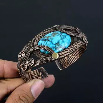 Манжета/браслет из тибетской бирюзы с драгоценными камнями из чистой медной проволоки, обернутая вручную Adjustable синий