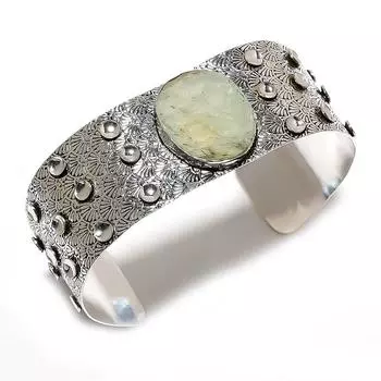 Манжета ручной работы из натурального драгоценного камня пренита, браслет из стерлингового серебра 925 пробы, регулируемый. Q5i09