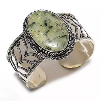 Манжета ручной работы из натурального драгоценного камня пренита, браслет из стерлингового серебра 925 пробы, регулируемый. i8n14