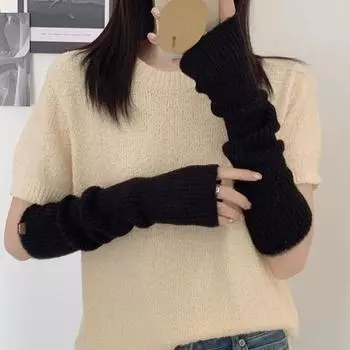 Манжеты на руку, классический дизайн с отверстием для большого пальца, теплые варежки без пальцев, зимние вязаные варежки без пальцев, манжеты, аксессуары для костюмов чёрный