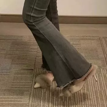 Mao Mao high heels women s winter wear pointed head 2024 spring new rabbit hair half slippers women s design sense niche imperial sister style 34 чёрный