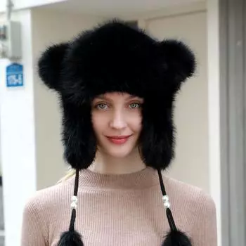 Mao Mao Lei Feng hat women s thickened warm hairball ear protection hat winter velvet imitation fur fox hair white cotton hat M56-58cm чёрный