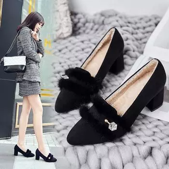 Mao Mao shoes female Doudou wear a pedal pointed middle heel thick heel 2024 autumn and winter high heel fairy velvet single shoes 34