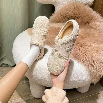 Mao Mao shoes Internet celebrity Doudou shoes flat cross belt winter new one-pedal Mao Mao shoes women wear velvet cotton shoes in winter 34