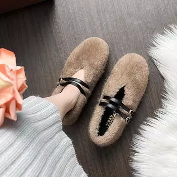 Mao Mao shoes women s autumn and winter wear 2025 new flat-bottomed shallow mouth mink hair Doudou shoes velvet large size women s shoes 41-43 33