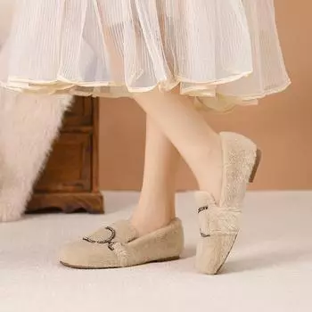 Mao Mao shoes women s autumn wear 2024 new velvet cotton ladyshoes thick heel women s shoes mink hair flat bottom gentle shoes women 35 абрикосовый