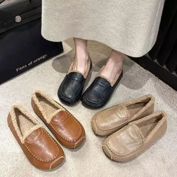 Обувь Mao Mao женская зимняя бархатная 2024 года, новые универсальные туфли Doudou на плоской подошве, сохраняющие тепло и комфорт, хлопковые туфли с одной педалью 35 чёрный