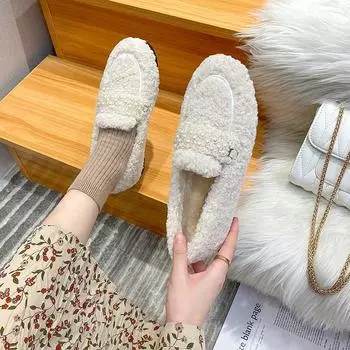 Mao Mao shoes women s winter wear 2025 winter flat-soled lamb wool women s shoes one pedal thick-soled beanie shoes are versatile with velvet 34