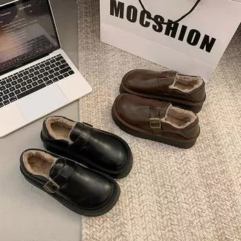 Mao Mao shoes women wear 2024 new autumn and winter thick-soled small leather shoes with one pedal and plush warm snow boots cotton shoes 35 коричневый