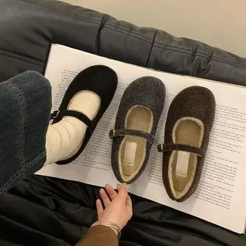 Mao Mao shoes women wear autumn and winter new retro niche velvet warm cotton shoes Mori flat Mary Jane shoes 35 чёрный