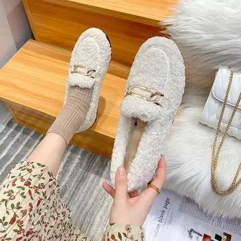 Mao Mao shoes women wear one pedal in autumn and winter lazy shoes velvet cotton shoes lamb wool bean shoes 41-43 comfortable 34