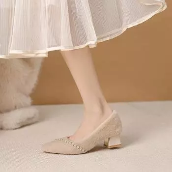 Mao Mao shoes women wear thick heels in winter 2024 new versatile fairy gentle small fragrant French medium heel velvet single shoes 32 абрикосовый