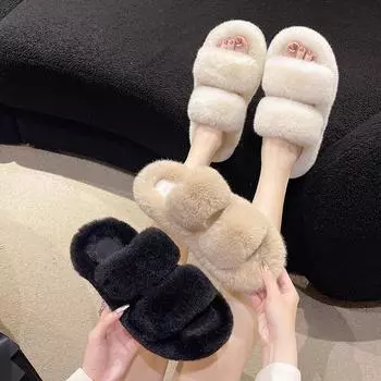 Mao Mao slippers women s 2024 autumn and winter new large size casual fashion thick bottom home wear plush slippers 35 чёрный