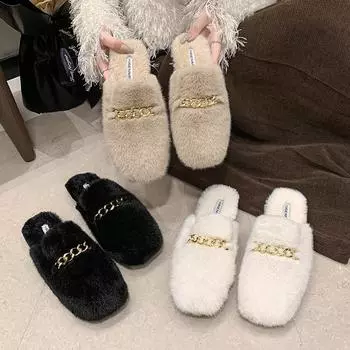Mao Mao slippers women s new Korean version in autumn and winter of 2024, wearing warm bag head half-drag velvet cotton slippers 35 чёрный