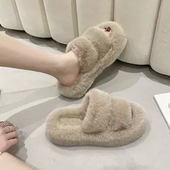 Mao Mao slippers women s outer wear 2024 autumn and winter new casual thick-bottomed furry warm slippers non-slip 35 хаки