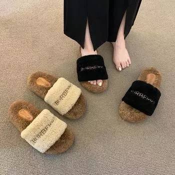 Mao Mao slippers women s wear 2025 new fashion lamb wool comfortable and versatile thick bottom one-letter trendy slippers 35