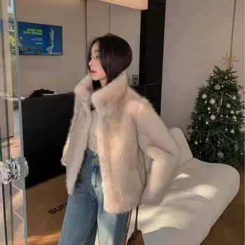 Mao Mao зимняя экологически чистая шуба 2024 года, новое меховое интегрированное короткое женское пальто Haining one size fits all абрикосовый