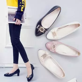 Maogu 2024 Новые женские туфли на каблуках Модные туфли из искусственной кожи Высокий каблук Небольшой толстый каблук Четыре сезона Туфли-лодочки Распродажа Черный 35 белый