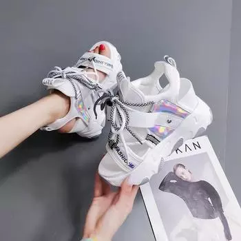 Maogu белые босоножки на толстой подошве со шнуровкой, женские повседневные спортивные туфли на высоком каблуке и танкетке, лето 2024 года, гладиаторские сандалии на платформе 34 34 зелёный