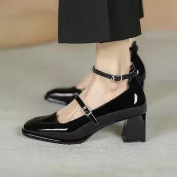 Maogu Black Retro Chunky Heel Patent Leather Women High Heels Shoes 2024 Spring Heeled Sandals Red Buckle Mary Jane Women s Shoe 35 бежевый