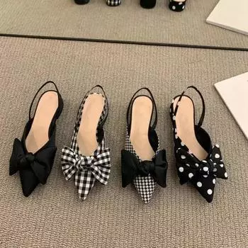 maogu Bow Polka Dot Pointy Toe Stiletto Sandals Роскошные босоножки Женские дизайнерские элегантные босоножки для вечеринок 2024 Модная женская обувь 39 35 чёрный