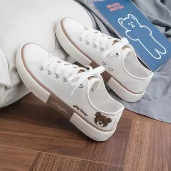Maogu Female 2024 Spring New Vulcanized Sneakers Korean Students White Shoes Lace-up Sneaker Bear Canvas Shoe Free Shipping 40 35 чёрный