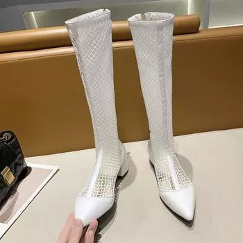 Maogu кожаные сетчатые длинные сапоги модные осенние женские туфли на молнии с низким каблуком белые летние женские сапоги до колена 2024 года Botas De Mujer 35 чёрный