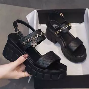 Maogu/летняя мода, повседневная женская обувь в римском стиле на толстой подошве, противоскользящая женская обувь с пряжкой, женские сандалии на платформе и танкетке с цепочкой 36 чёрный