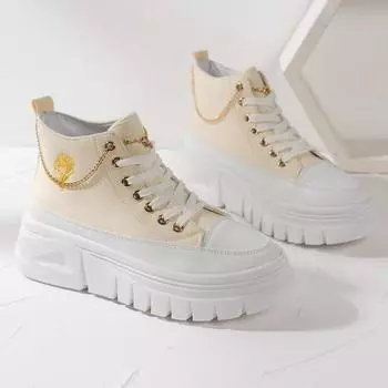 Maogu модные повседневные удобные кроссовки, увеличивающие рост, женская обувь с цепочкой 2024 года, женская обувь на шнуровке с высоким верхом и плоской подошвой из парусины 35 жёлтый