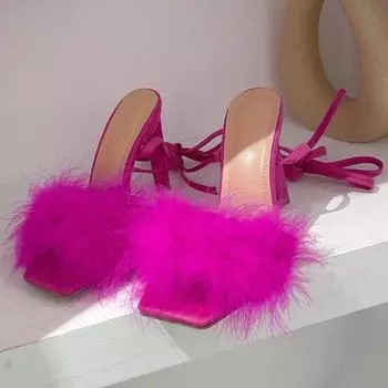 Maogu Перо Сексуальные Босоножки На Высоком Каблуке Туфли Лето 2024 Туфли-лодочки С Квадратным Носком На Высоком Каблуке Туфли Для Стриптизерши Для Женщин 36 чёрный