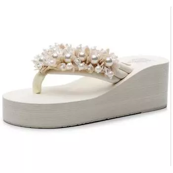Maogu Platform Wedges Slippers White Crystal Shoe 2024 New Women s Flip Flops Beach Shoes Women Summer Platform Wedge Sandals 42 35 бежевый