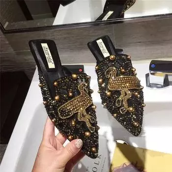 Maogu сетчатые полые полутапочки женские 2024 новые летние остроносые плоские наружные мюли тапочки удобная женская обувь 35 чёрный