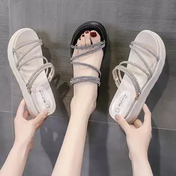 Maogu Summer New Women s Shoes Shiny Rhinestone Classic Open Toe Comfortable Fashion Solid Color Platform Women Sandals 40 35 бежевый