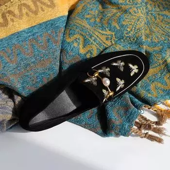 Maogu Женская обувь Плоские туфли Лоферы Удобные рабочие туфли на плоской подошве Лоферы Женские новинки 2024 Весна Осень Вышитая жемчугом Пчела 40 35 чёрный