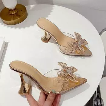 Maogu женские тапочки сексуальные остроносые туфли на необычном каблуке прозрачные туфли-лодочки сандалии шлепанцы женская мода туфли с бантом из кристаллов 35 шампанского