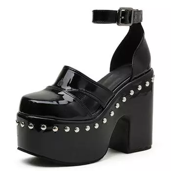 Maogu Женские туфли на каблуке Массивный каблук Крутые летние туфли на платформе в готическом стиле Женские кожаные туфли на блочном каблуке Большие размеры Заклепки Черный готический стиль 34 чёрный