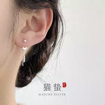 Maozhe S925 Loving Heart in Sterling Silver Dual-Wear Tassel Thread Ear Hook Elegant Delicate Earrings Fashion Sweet Beauty Ear Rings Heart two tassel threaded ear hook