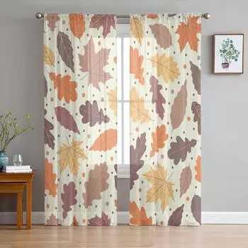 Maple Leaf Dots Autumn Art Curtain For Living Room Transparent Tulle Curtains Window Sheer For The Bedroom Accessories Decor W135 x H114cm