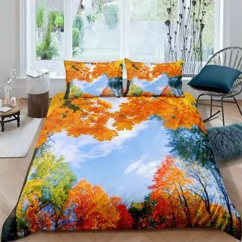 Maple Leaves Polyester Duvet Cover Set Fall Theme Comforter Cover With Pillowcase King Queen Size For Kids Boys Girl Bedding Set EU single(135x200cm)