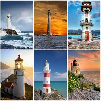 Маяк 5D DIY алмазная живопись пейзаж полная дрель круглая вышивка пейзаж мозаика вышивка крестиком подарок настенное искусство домашний декор Full Round 20x30CM
