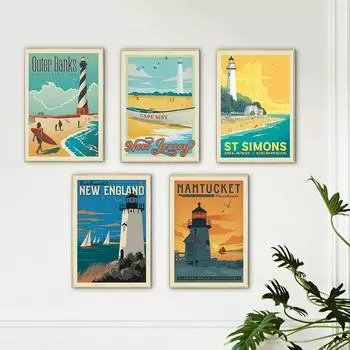 Маяк волны пейзаж холст плакат настенный художественный принт изображение Святого. Остров Симмонс на внешнем побережье Англии 21cm30cm NoFrame