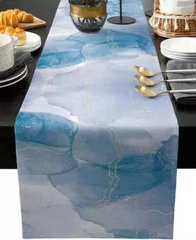 Marble Blue Linen Table Runner Modern Abstract Gold Marbling Table Runner Reusable Home Wedding Party Kitchen Dining Table Decor 150x33cm 59x13inch