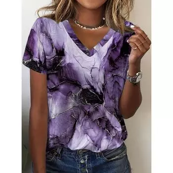 Marble Print V Neck T-Shirt Casual Short Sleeve T-Shirt for Spring & Summer Women s Clothing T-Shirts XXS