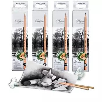 Marco 7001 Деревянные карандаши Карандаши для рисования Профессиональные карандаши для эскизов Деревянные карандаши Шестигранный корпус 48 карандашей (7001-2B, 4B, 6B, 8B, (4 коробки)) чёрный