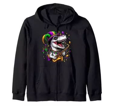 Mardi Grawr Dinosaur Costume Toddler Boys Kids Mardi Gras Zip Hoodie T-Rex чёрный