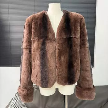 Маргарет, шуба из древнего кролика Рекс, женская, зимняя, новая, с V-образным вырезом, тонкая, легкая, роскошная, с интегрированным мехом one size fits all темно-коричневого
